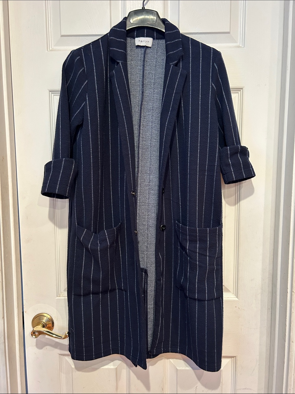 Anthropologie Harlyn Navy Pinstripe Longline Blazer Coat